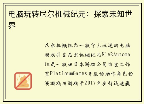 电脑玩转尼尔机械纪元：探索未知世界