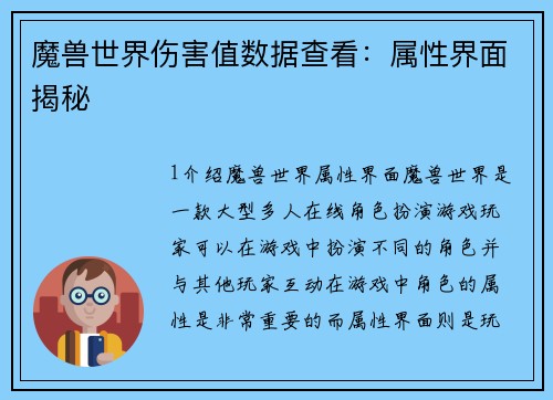 魔兽世界伤害值数据查看：属性界面揭秘